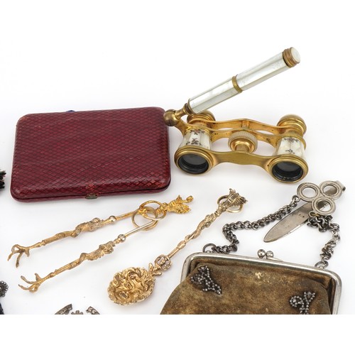 173 - Georgian and later objects including a leather coin purse with applied floral steel mounts, mother o... 