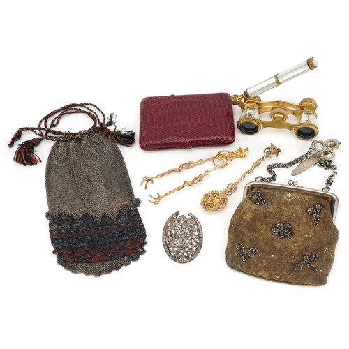 173 - Georgian and later objects including a leather coin purse with applied floral steel mounts, mother o... 