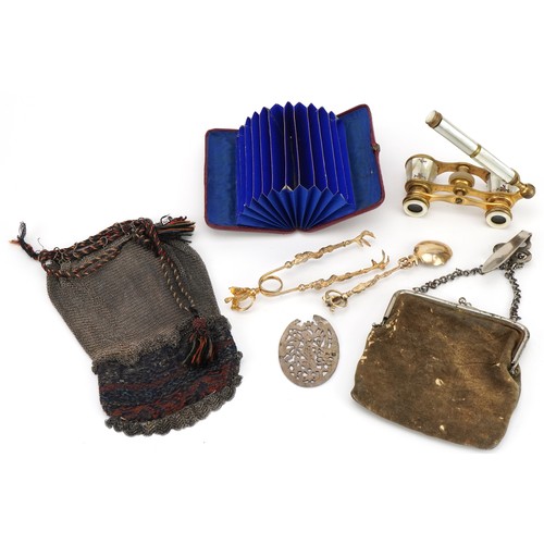 173 - Georgian and later objects including a leather coin purse with applied floral steel mounts, mother o... 