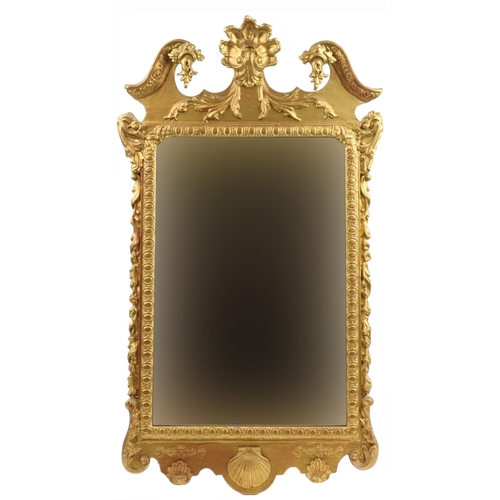 George III pier mirror with shell crest, later gilded, 99cm x 52.5cm