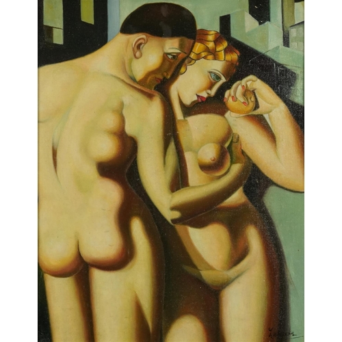 1696 - Manner of Tamara de Lempicka - Nude Art Deco style couple, Polish school oil on canvas board, framed... 