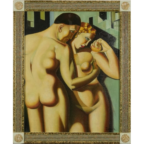 1696 - Manner of Tamara de Lempicka - Nude Art Deco style couple, Polish school oil on canvas board, framed... 