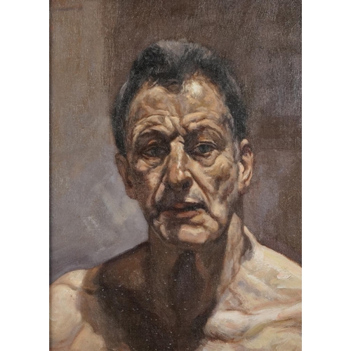 1127 - After Lucian Freud - Self portrait, oil on canvas board, framed, 39.5cm x 29cm excluding the frame