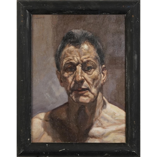 1127 - After Lucian Freud - Self portrait, oil on canvas board, framed, 39.5cm x 29cm excluding the frame