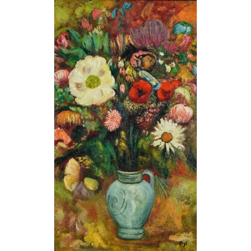 1666 - After Marcel Dyf - Still life flowers in a jug, French Impressionist oil on board, framed, 50cm x 29... 