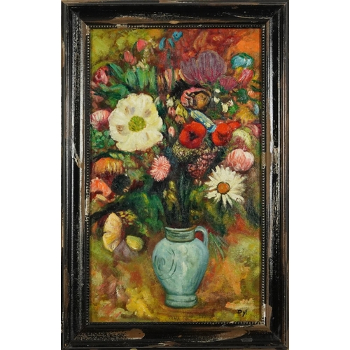 1666 - After Marcel Dyf - Still life flowers in a jug, French Impressionist oil on board, framed, 50cm x 29... 