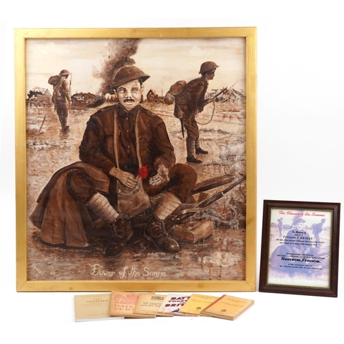 Militaria including an oil on board of three soldiers entitled Dower of The Somme, inscribed verso In memory of my grandfather Private F Briggs 69273 6th Battalion The Queen's killed in action at The Somme 30th August 1918 and various booklets including Air Raid Precautions, the picture framed, 80cm x 70.5cm excluding the frame