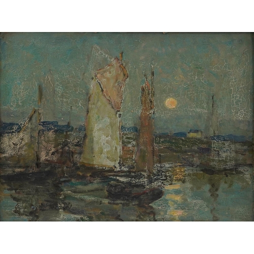 Terrick Williams RA - Concarneau Moonlight, Impressionist oil on board, inscribed The Fine Art Society label verso, dated May 1944, framed, 45.5cm x 35cm excluding the frame
