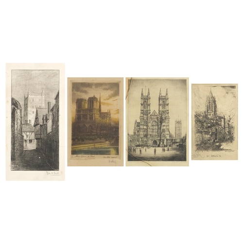 1538 - Four pencil signed prints/etchings including Westminster Abbey by Alfred J Benett, St Pauls Brighton... 