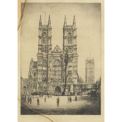 1538 - Four pencil signed prints/etchings including Westminster Abbey by Alfred J Benett, St Pauls Brighton... 