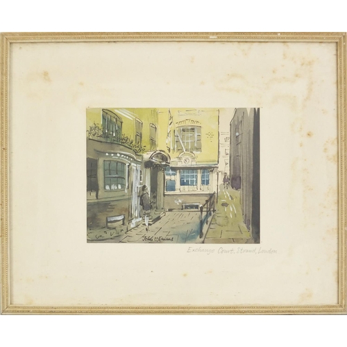 1563 - John V Emms - Exchange Court Strand, London, watercolour, mounted and framed, 15cm x 11cm