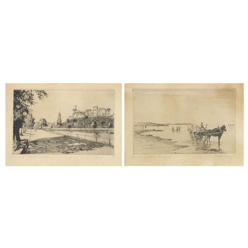 1564 - A Simes - The Cowal Shore, The Clyde and Inverness Castle Scotland, pair of pencil signed etchings, ... 