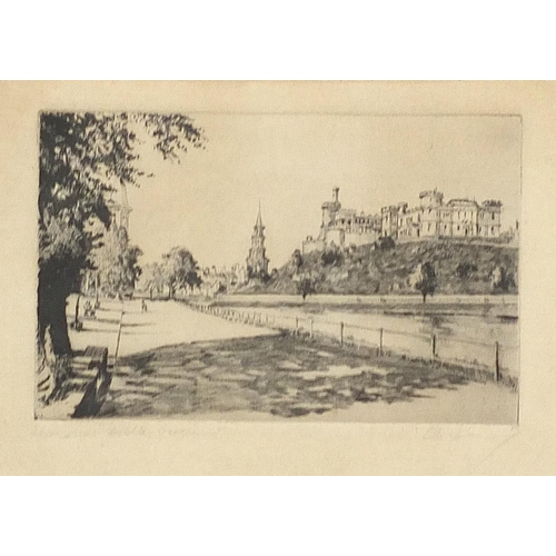 1564 - A Simes - The Cowal Shore, The Clyde and Inverness Castle Scotland, pair of pencil signed etchings, ... 