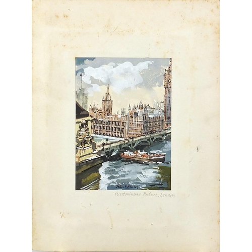 1720 - John Emms - Westminster Palace London, watercolour, mounted, unframed, 16cm x 11cm