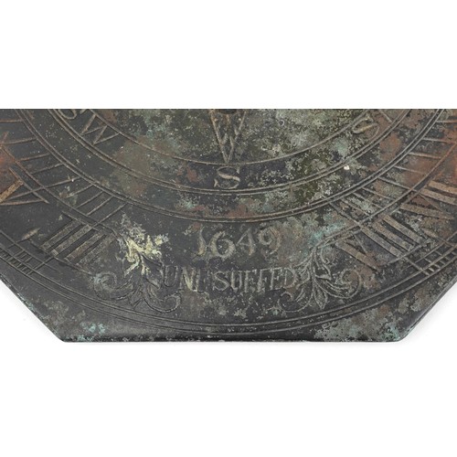 405 - 17th century bronze sundial Unesuffed 1649, 18cm in diameter