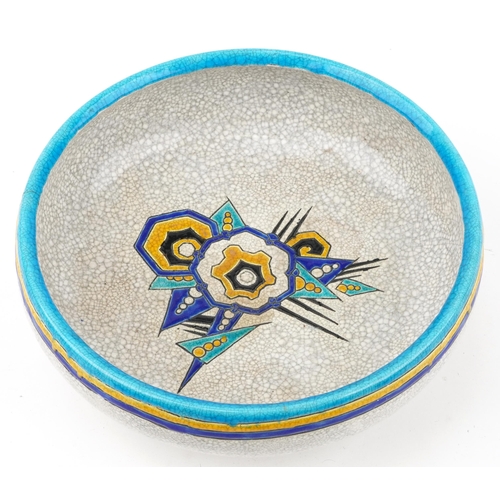 530 - Boch Freres, French Art Deco crackle glazed footed centre bowl enamelled with stylised flowers, 29cm... 