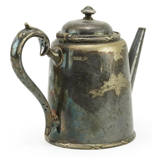 1398 - Advertising interest The New Gallery silver plated hot water pot by Walker & Hall, 19cm high