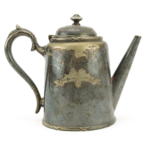 1398 - Advertising interest The New Gallery silver plated hot water pot by Walker & Hall, 19cm high