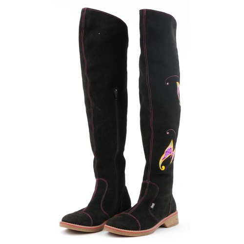 1510 - Pair of ladies Dolce & Gabbana Junior knee length zip up boots with silk butterfly design, size 6, 6... 