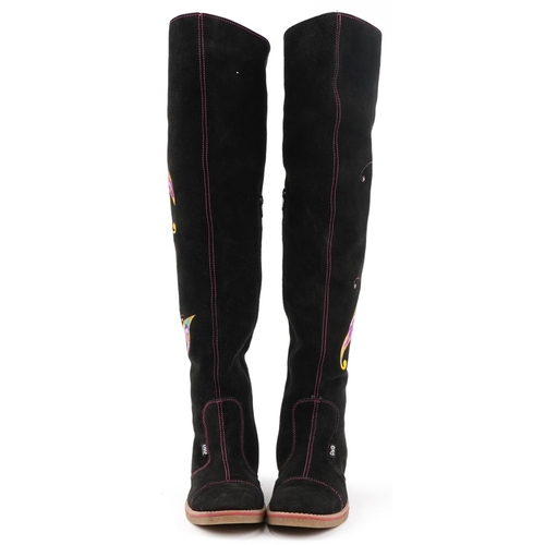 1510 - Pair of ladies Dolce & Gabbana Junior knee length zip up boots with silk butterfly design, size 6, 6... 