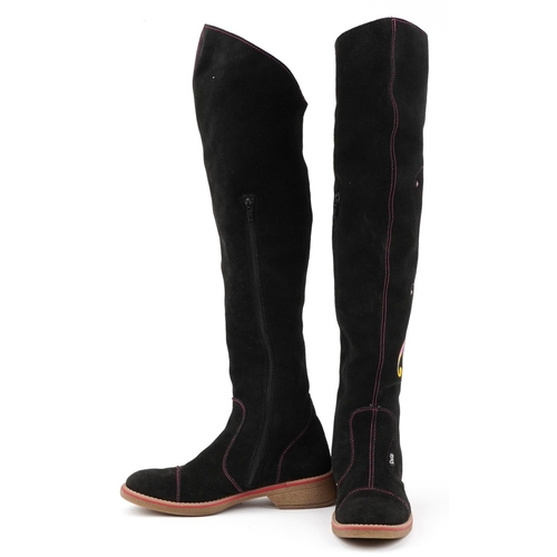 1510 - Pair of ladies Dolce & Gabbana Junior knee length zip up boots with silk butterfly design, size 6, 6... 