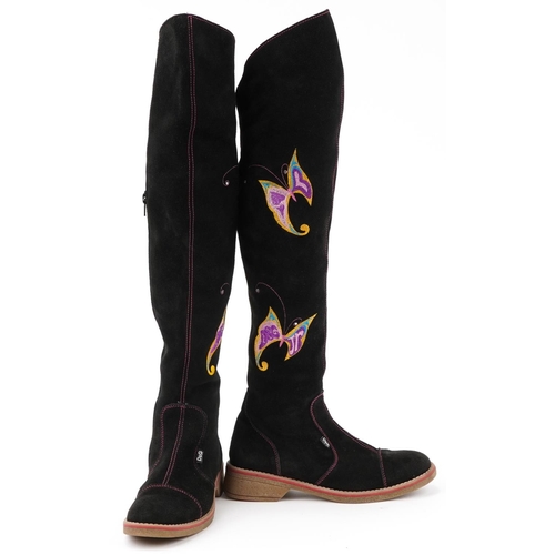 1510 - Pair of ladies Dolce & Gabbana Junior knee length zip up boots with silk butterfly design, size 6, 6... 