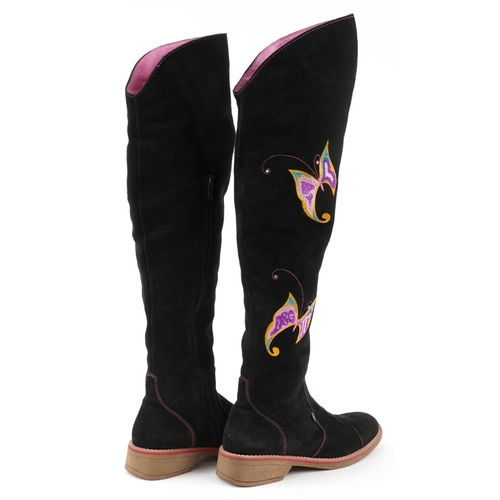 1510 - Pair of ladies Dolce & Gabbana Junior knee length zip up boots with silk butterfly design, size 6, 6... 