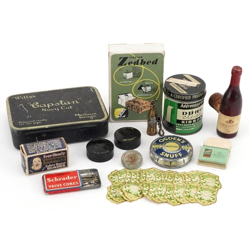 1473 - Advertising items including Ogden's Snuff tin, Coca Cola bottle, Eveready Shaving razor blades, Zedb... 