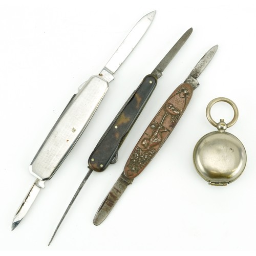 1419 - Metal sovereign case and three penknives including one with a boy poking a dog up a tree and being c... 