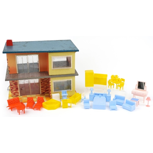 1708 - Child's 1950s tinplate house with plastic furniture, 23cm H x 34cm W x 23cm D