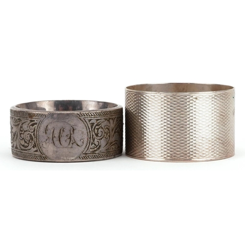 1598 - Silver green hardstone napkin ring together with an engine turned example, H Bros Birmingham 1969, 4... 