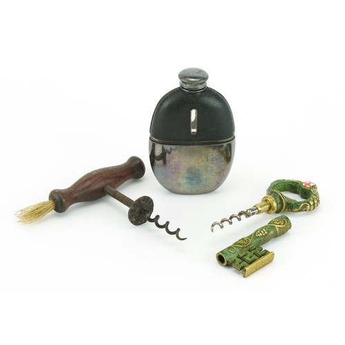 1467 - Vintage leather, glass and silver plated hip flask, Victorian wooden corkscrew and brass key design ... 