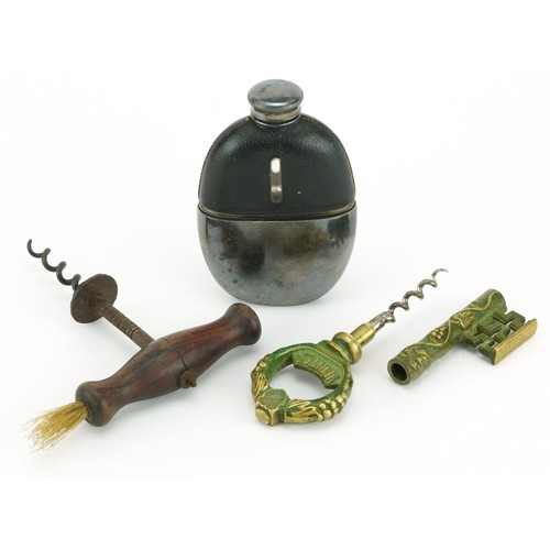 1467 - Vintage leather, glass and silver plated hip flask, Victorian wooden corkscrew and brass key design ... 