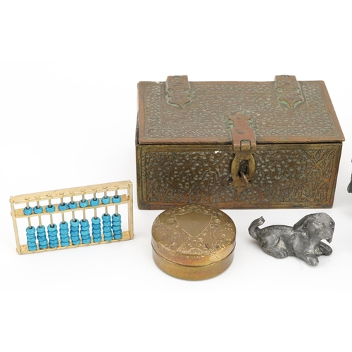 1522 - Miniature items including brass Islamic casket, abacus, various metal animals including a painted ra... 