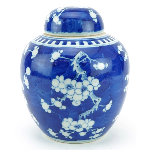 1762 - Oriental Chinese blue and white ginger jar and cover hand painted with the prunus pattern, 22cm high