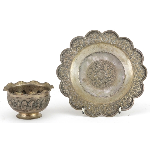 1527 - Anglo Indian white metal floral dish and a sugar bowl decorated with tribespeople, 120.0g, the large... 