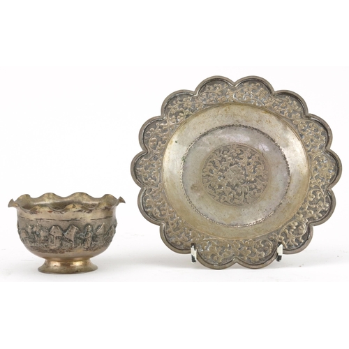 1527 - Anglo Indian white metal floral dish and a sugar bowl decorated with tribespeople, 120.0g, the large... 