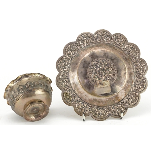 1527 - Anglo Indian white metal floral dish and a sugar bowl decorated with tribespeople, 120.0g, the large... 