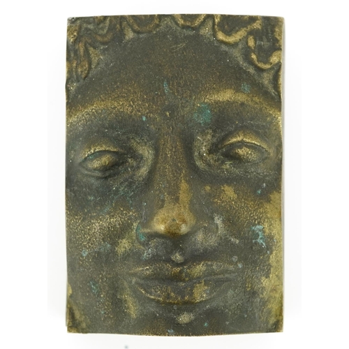 31 - Mid century style bronze box and cover in the form of a face, 9.5cm in length