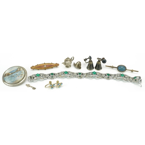 2594 - Antique and later jewellery including a circular brooch hand painted with a coastal scene, Art Deco ... 