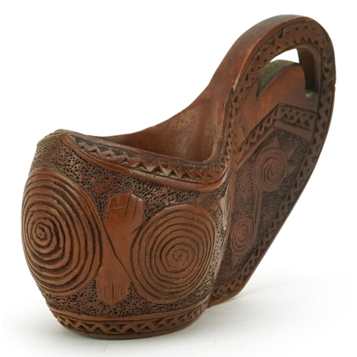 297 - Norwegian treen Kuksa cup carved with stylised motifs, 13cm in length