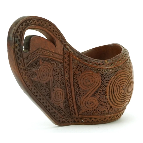 297 - Norwegian treen Kuksa cup carved with stylised motifs, 13cm in length