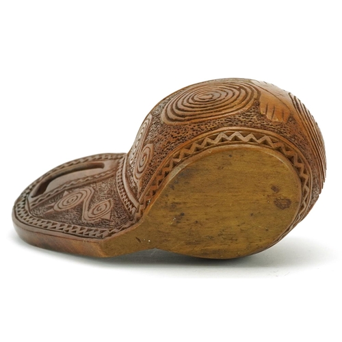 297 - Norwegian treen Kuksa cup carved with stylised motifs, 13cm in length