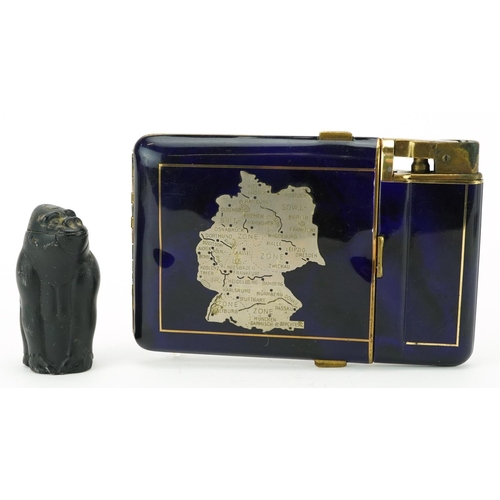 1460 - Military interest blue enamel combination lighter and cigarette case with map of Germany and a Japan... 