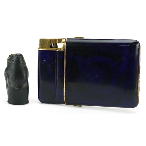 1460 - Military interest blue enamel combination lighter and cigarette case with map of Germany and a Japan... 