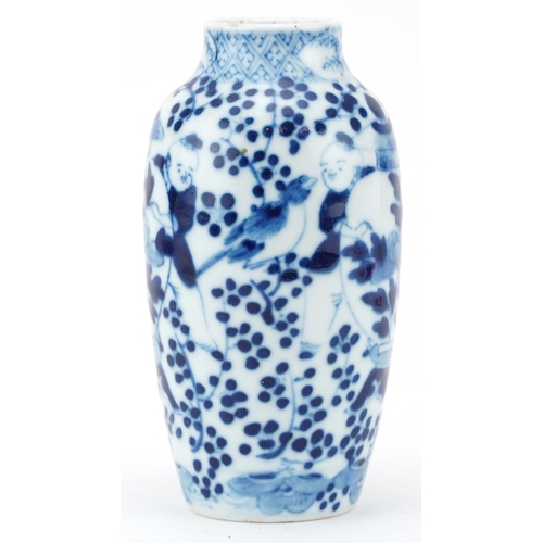 1454 - Chinese porcelain blue and white porcelain vase hand painted with children and flowers, four figure ... 