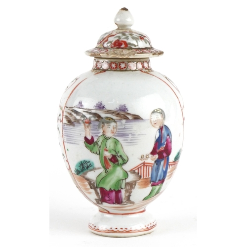 1426 - Chinese porcelain lidded tea caddy hand painted in the famille rose palette with figures, 12.5cm hig... 