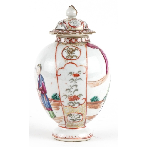 1426 - Chinese porcelain lidded tea caddy hand painted in the famille rose palette with figures, 12.5cm hig... 