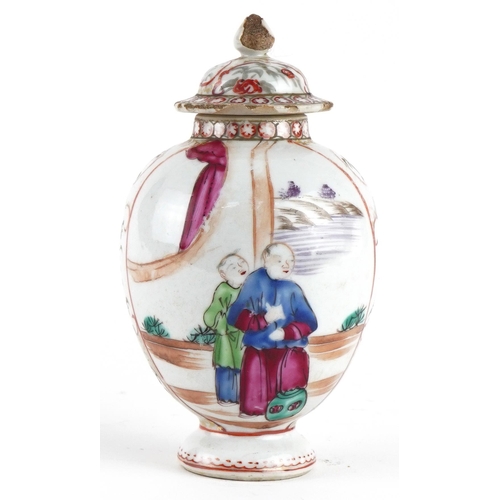 1426 - Chinese porcelain lidded tea caddy hand painted in the famille rose palette with figures, 12.5cm hig... 