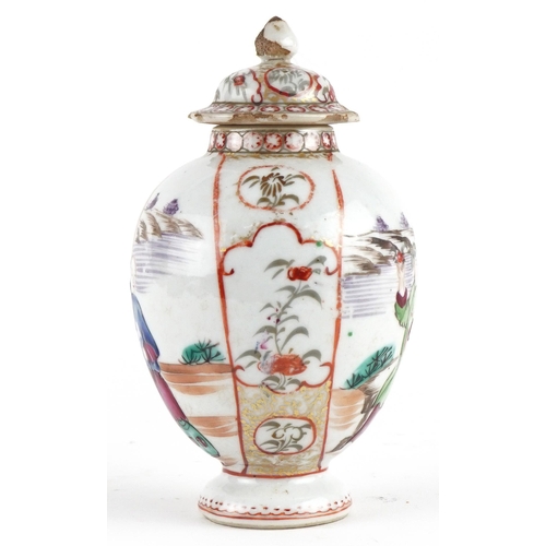 1426 - Chinese porcelain lidded tea caddy hand painted in the famille rose palette with figures, 12.5cm hig... 